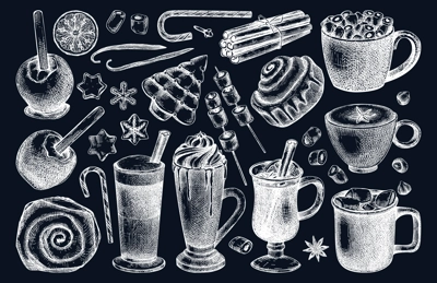 Hot drinks menu design. Mulled wine, coffee, hot chocolate, cocoa, spices, sweet food and baking goods vector sketches. Christmas food illustrations. Winter drinks in sketched style on chalkboard